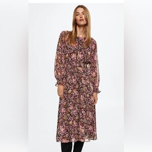 MNG Floral Long Sleeve A-Line Dress Pink Black Women Size 16 Summer Party